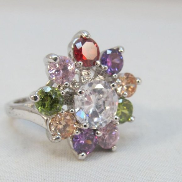 Multi Color Crystal Rainbow Flower Cocktail Ring - Picture 9 of 11
